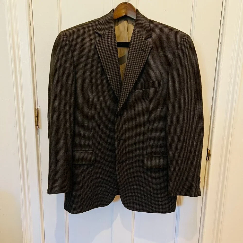 VINTAGE Tweed Jacket L Houndstooth Check 100% Wool Blazer 42 R